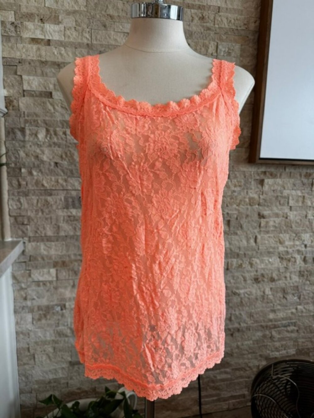 Hanky Panky Signature Lace Unlined Camisole Tank Peach Stretch Scallop Trim L